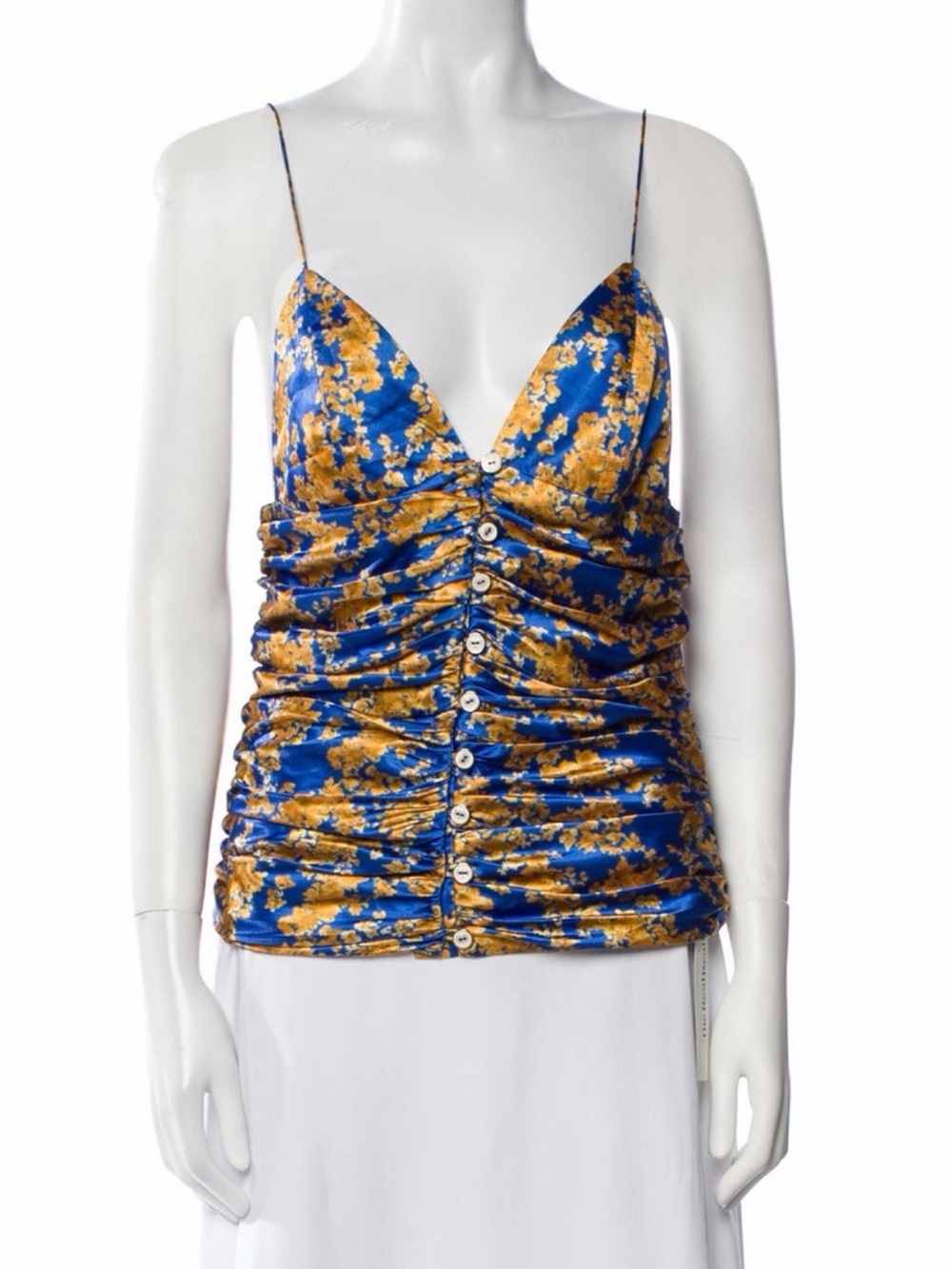Caroline Constas Floral Ruched Cami Top M NWOT Silk Look V Neck Tank